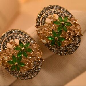 Elegant Green and Gold Floral Earrings on gold plating